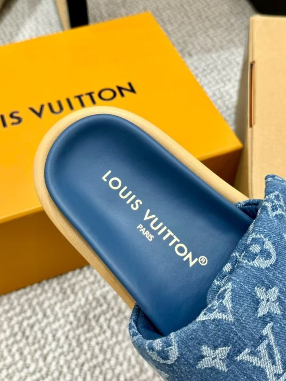 Louis Vuitton Blue Monogram Jacquard Denim Wide Strap Platform Slide Sandals View 3